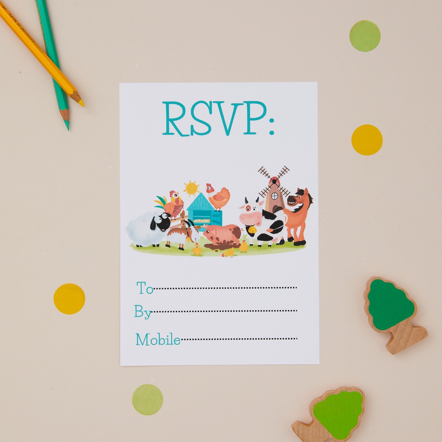 Children's Birthday party invitation RSVP with farmhouse animal theme.