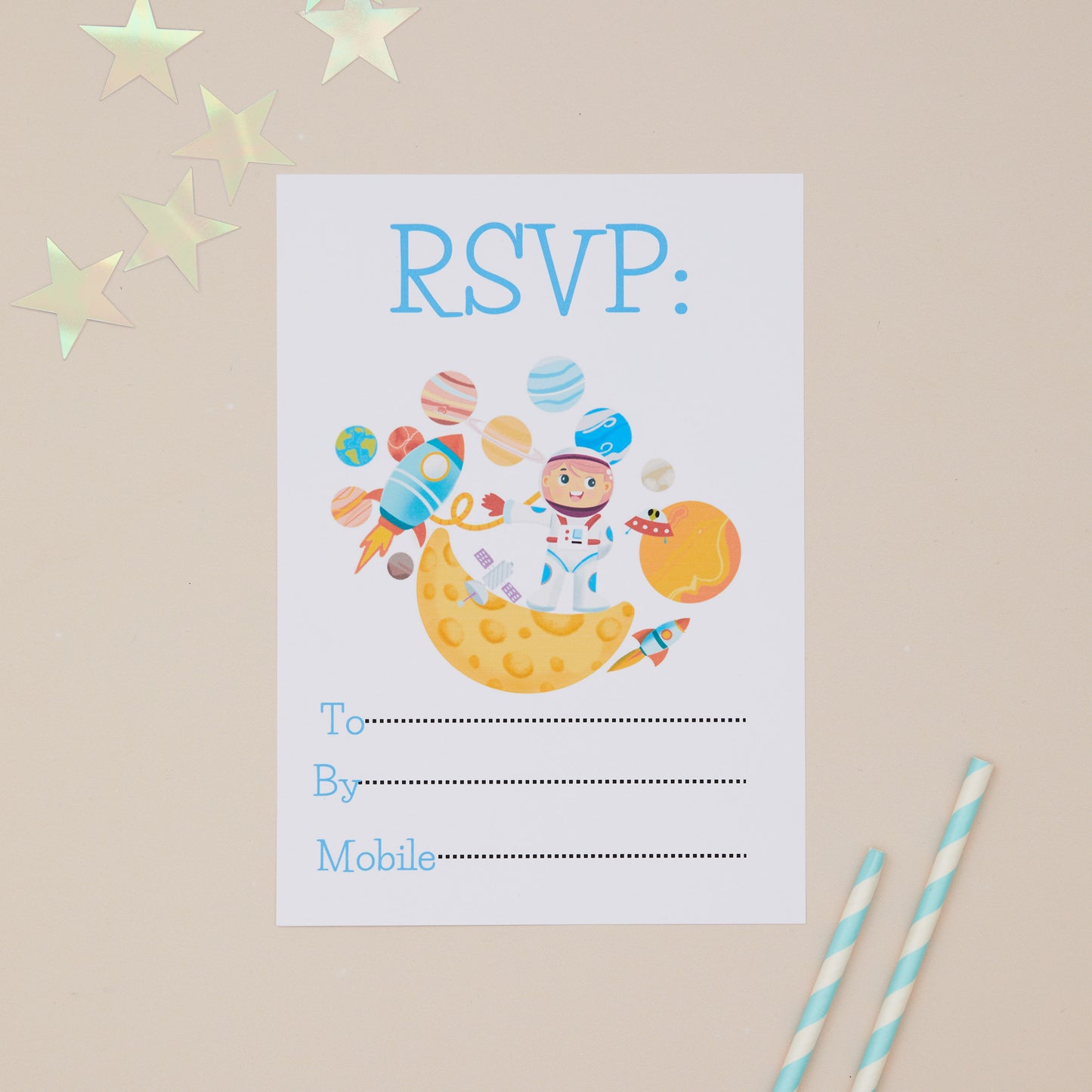 Kids Birthday Party Astronaut invite RSVP. The Text says "RSVP" at the top. In the middle of the invite there is a illustration of an Boy Astronaut on top of a star, with rockets and planets around him. At the bottom of the RSVP are reply details