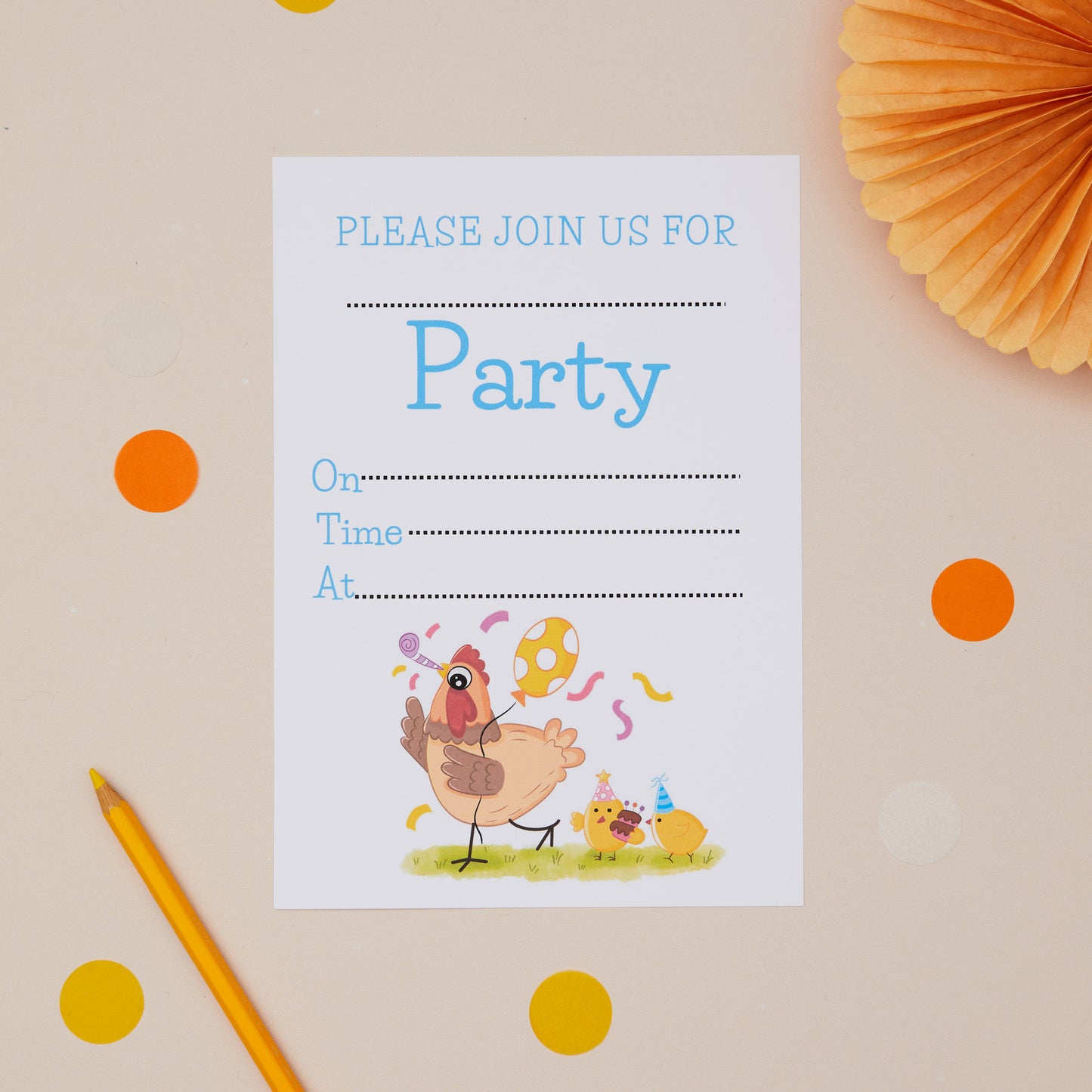 A Kids Party invitation card with a cartoon chicken illustration, titled 'Please join us for Party', placed on a surface with yellow and orange dots, accompanied by a yellow pencil.