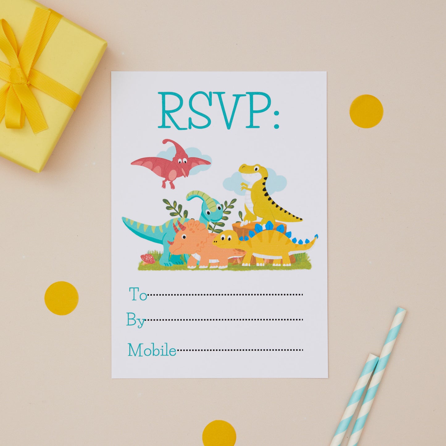 A set of children's birthday party invites RSVP with a dinosaur theme, featuring a colorful illustration of various dinosaurs on a paper with 'Please join us for Party' text and space for additional details.