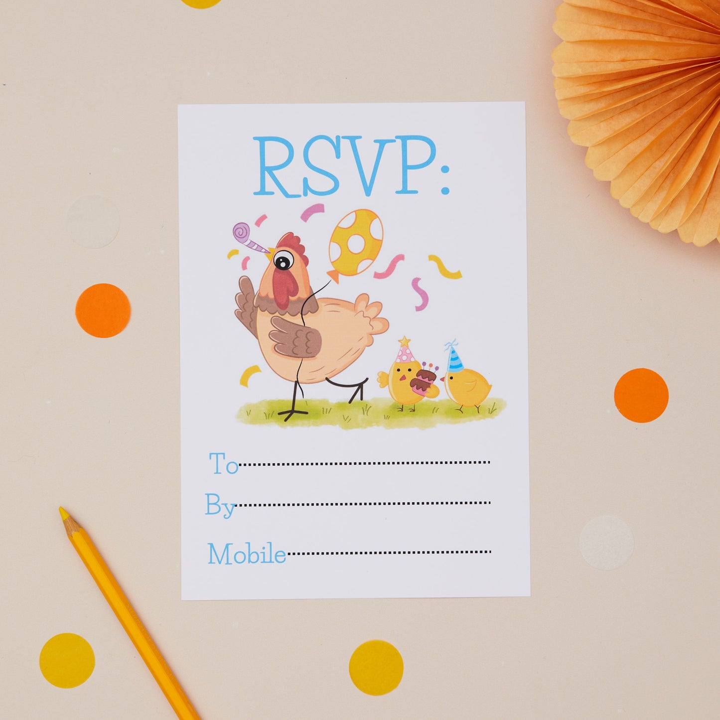 Kids Birthday Party Cartoon Chicks Invitation RSVP featuring the text " RSVP at the top, party chickens in the middle with party hats, birthday cake and balloons. At the bottom of the RSVP are reply details