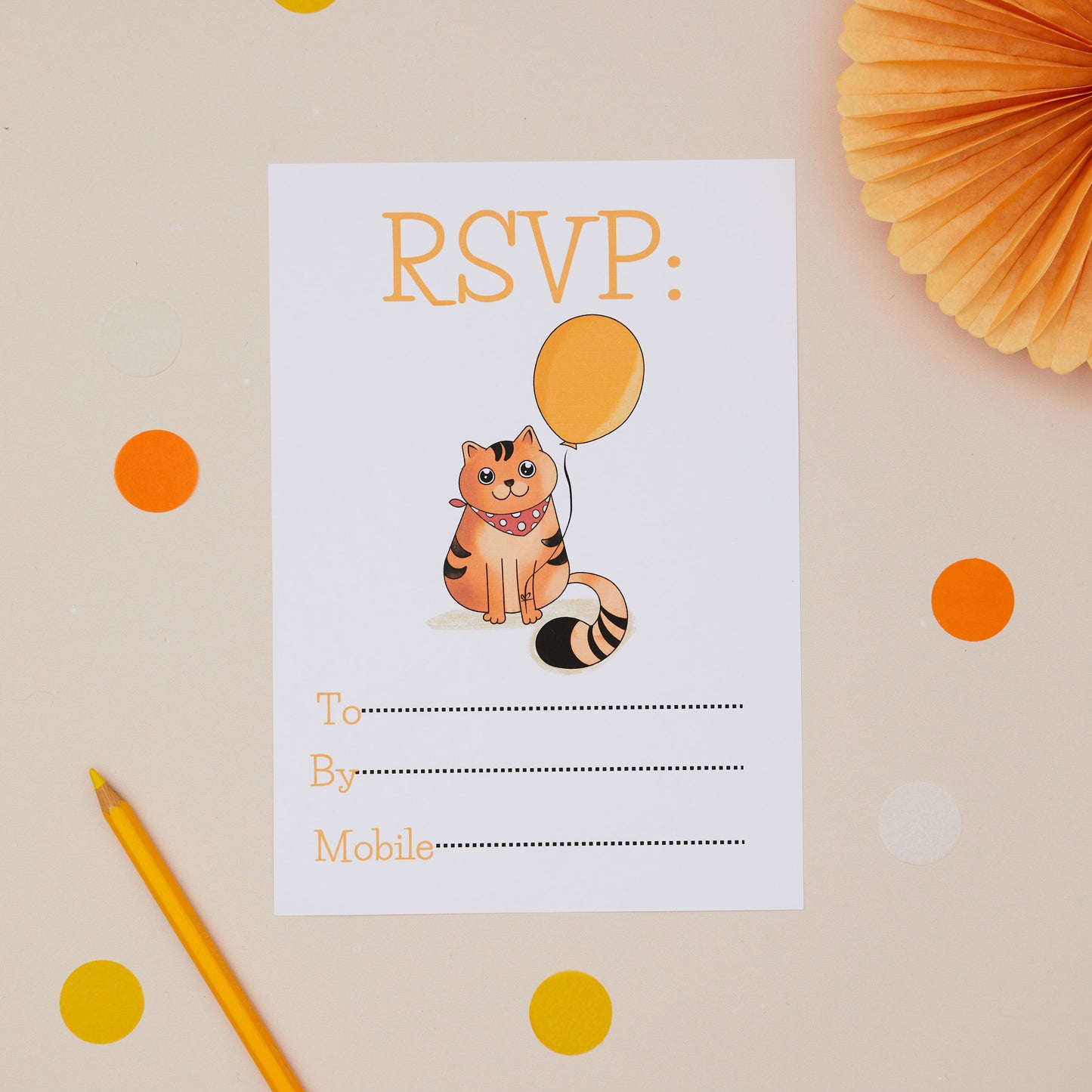 Children's birthdayParty Invitations - featuring cute party cat folding a balloon. At the bottom of the invite are the reply details