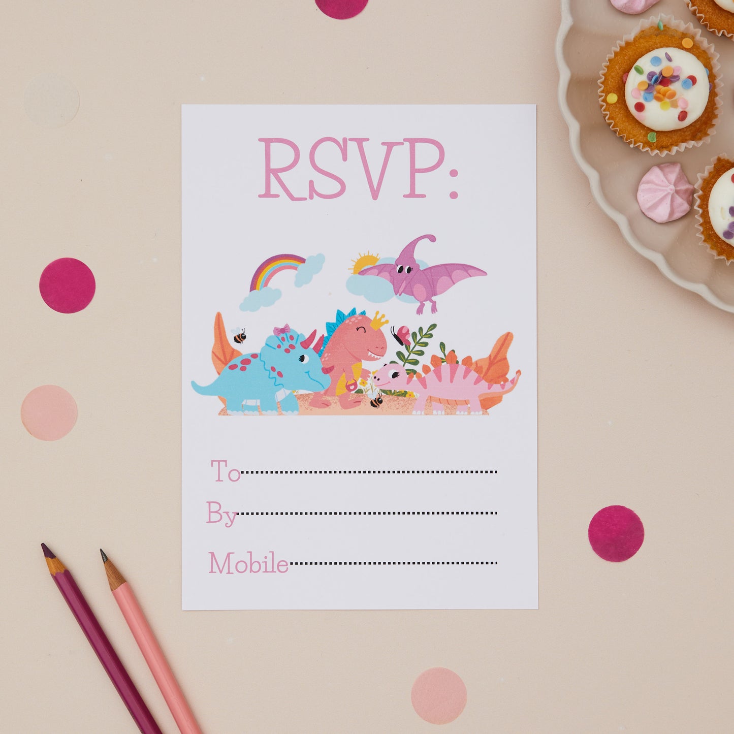 RSVP Dinosaur Kids Birthday party invitation, featuring fun dinosaur characters and the words "RSVP" at the top. The RSVP also has space for the party reply details