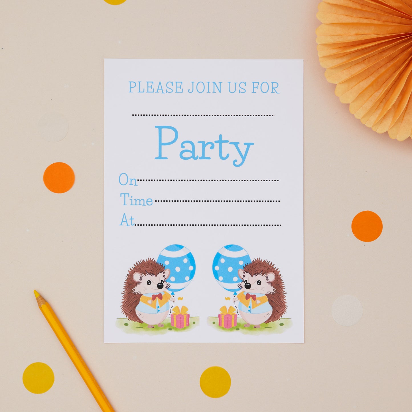 Party Hedgehogs Childrens ready to write birthday invites. Hedgehogs holding party balloons. On a light beige background