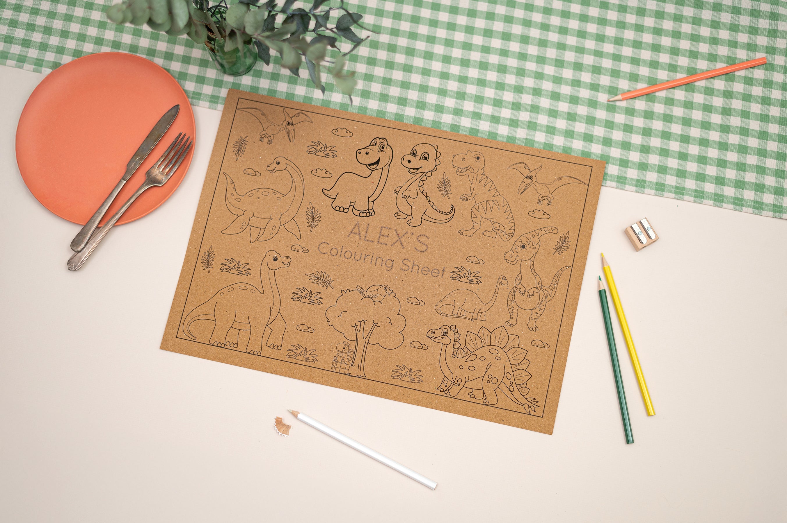 Childrens Activity Sheets Placemats. Illustration of a Childrens Colouring Activity Mat. The Mat says the text "my fun". Mat is made of Kraft Brown Paper and sits on a desk with Checked tablecloth.