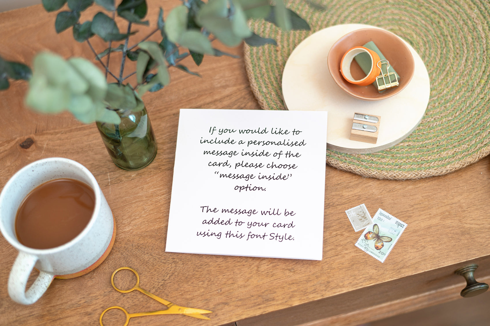 this is a mockup of a square card and a message inside card example. It says that if you would like to include a personalised message inside the card, we will add and send the card out directly.