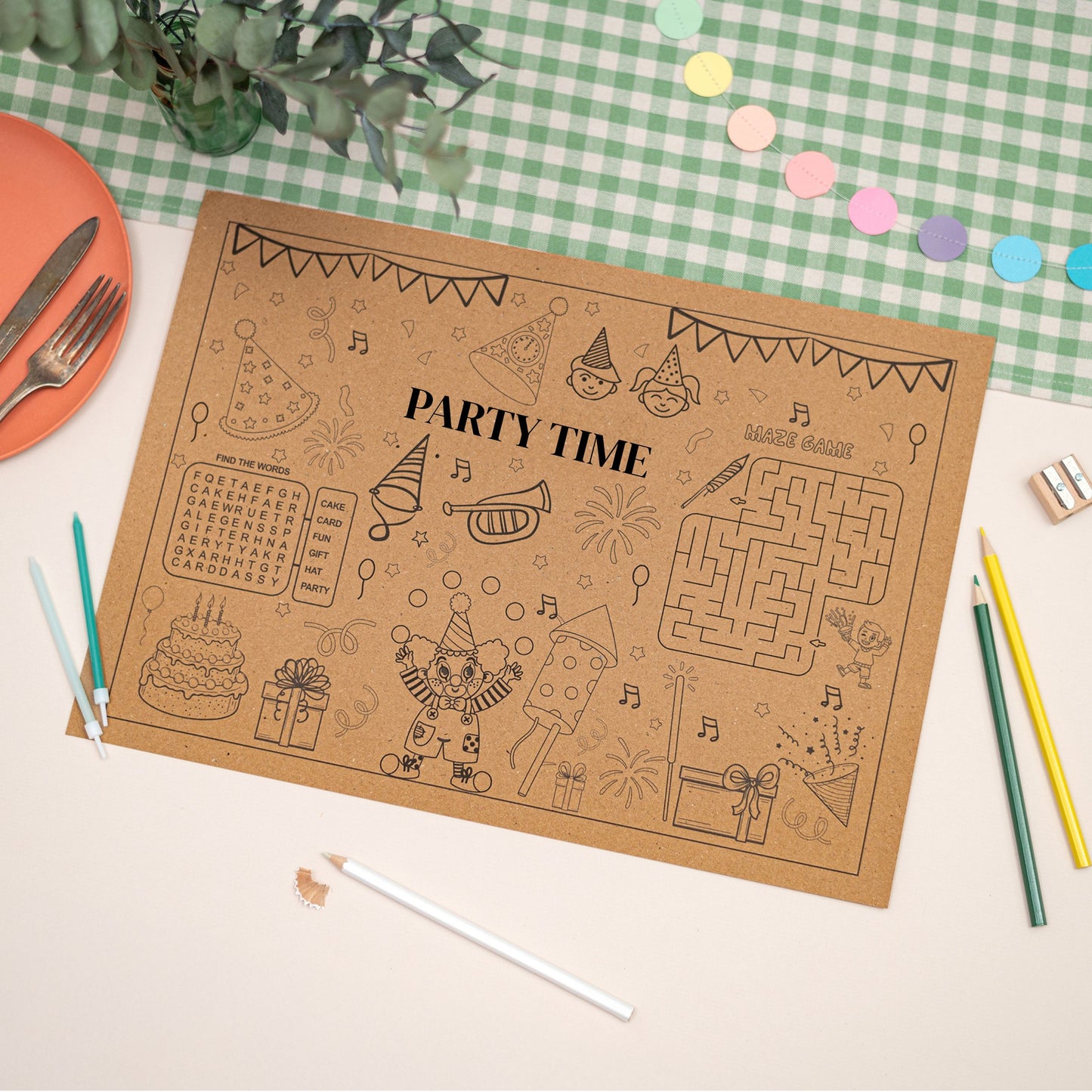 Kids Colouring in Mat, The Mat has the text "Party Time" in the middle. The mat features Party-themed activities, puzzles & colouring on a checkered tablecloth with decorations.