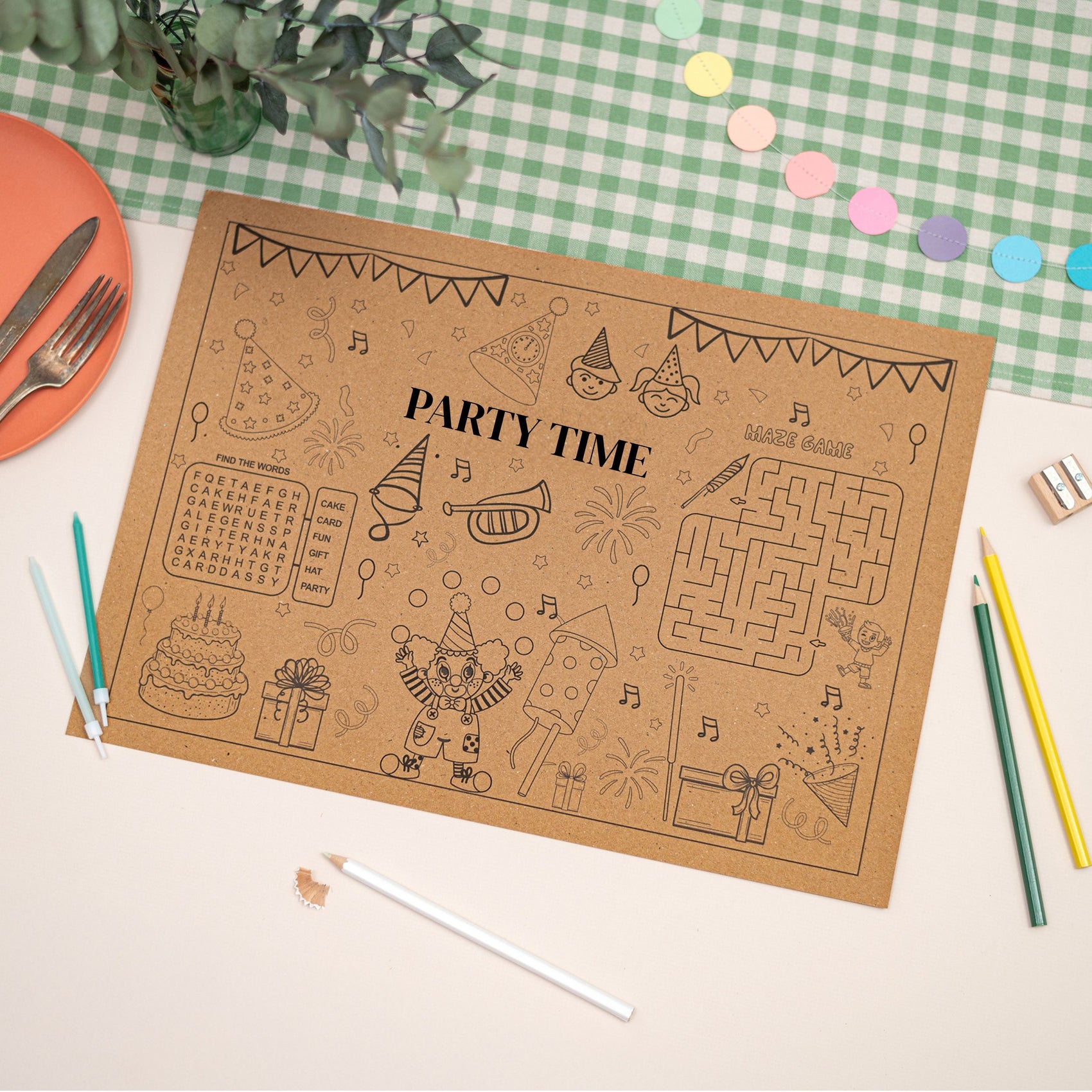 Kids Colouring in Mat, The Mat has the text "Party Time" in the middle. The mat features Party-themed activities, puzzles & colouring on a checkered tablecloth with decorations.