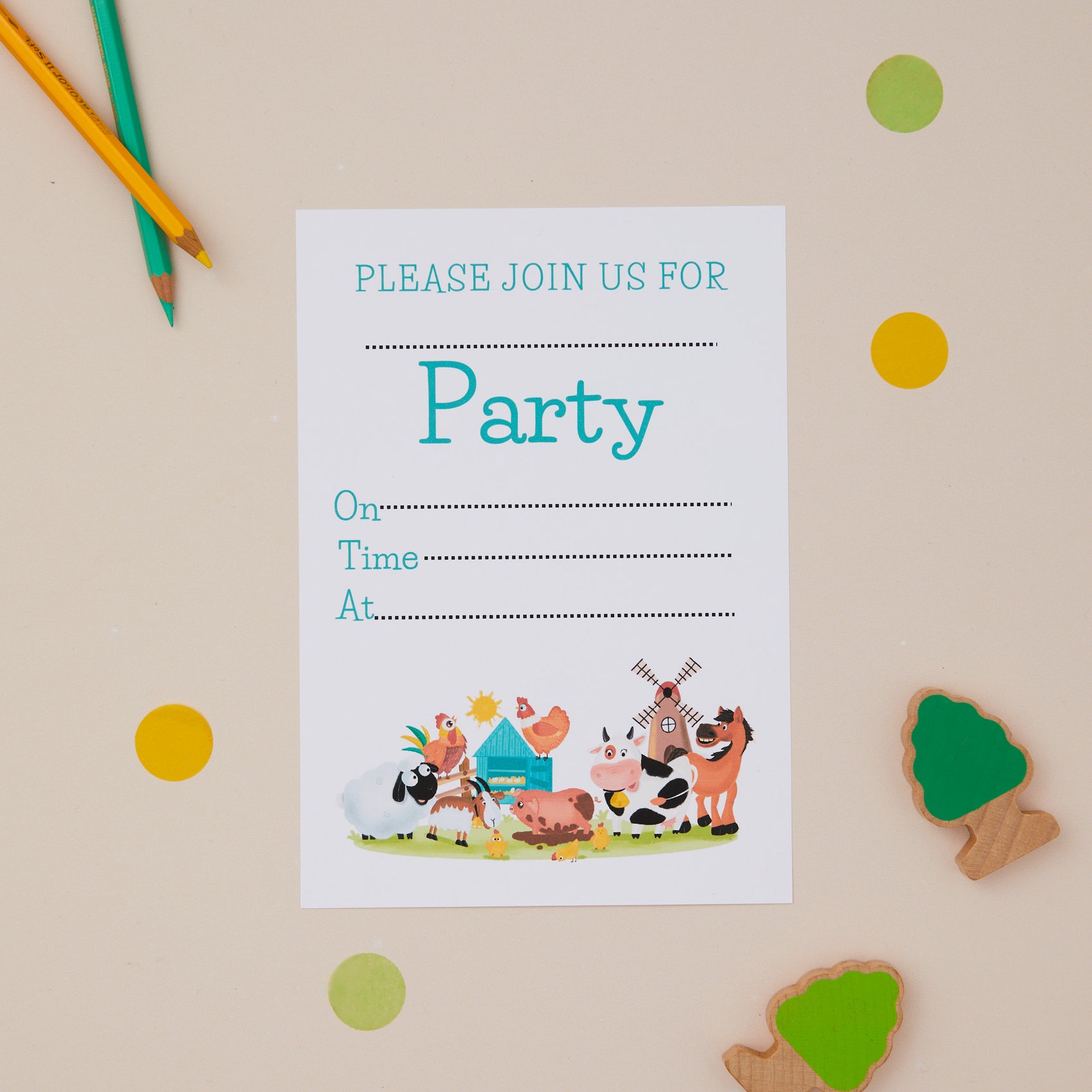 Children's Birthday party invitation with farmhouse animal theme, including illustrations of a cow, pig, and chicken. The invitation is placed on a table with colorful confetti and pencils for scale.
