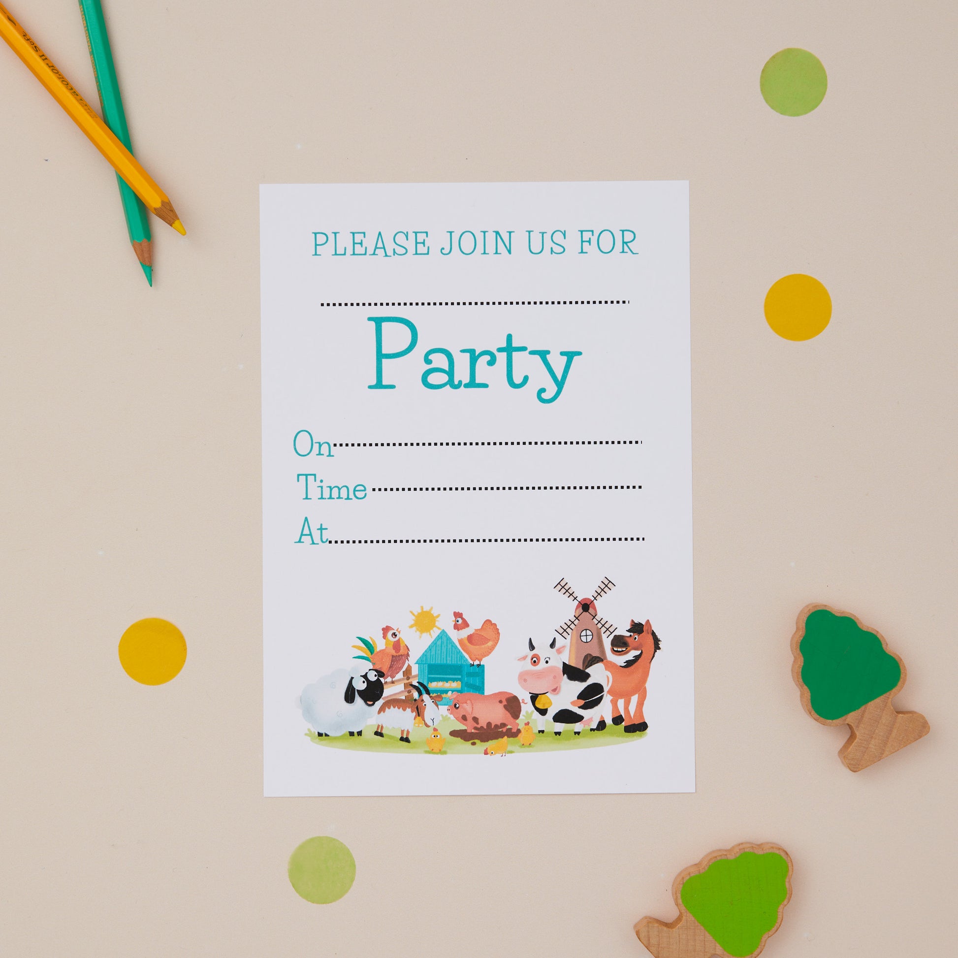 Children's Birthday party invitation with farmhouse animal theme, including illustrations of a cow, pig, and chicken. The invitation is placed on a table with colorful confetti and pencils for scale.