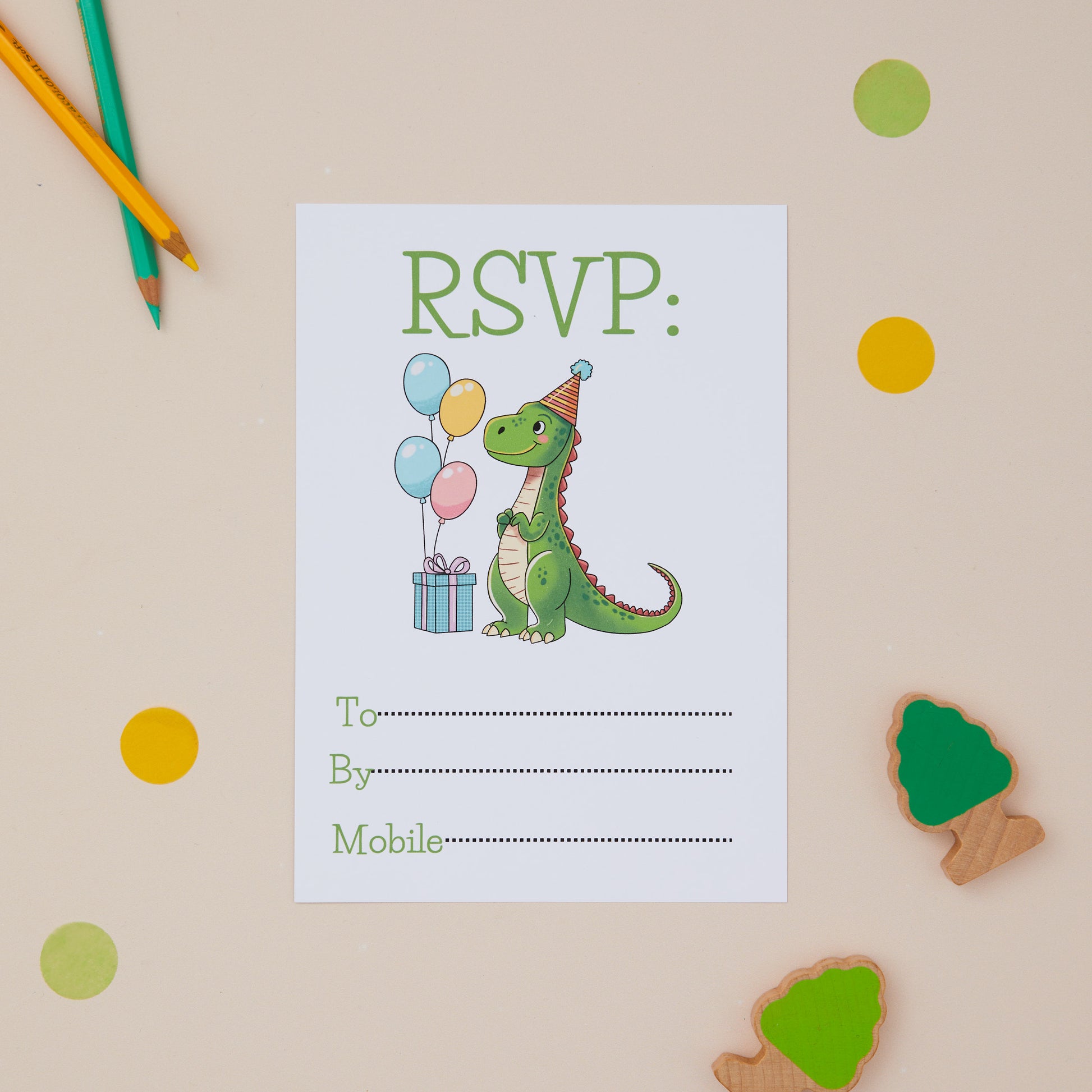 Children's birthday party invitation RSVP featuring cartoon-style green dragon who has a present in front of him with balloons attached to it.