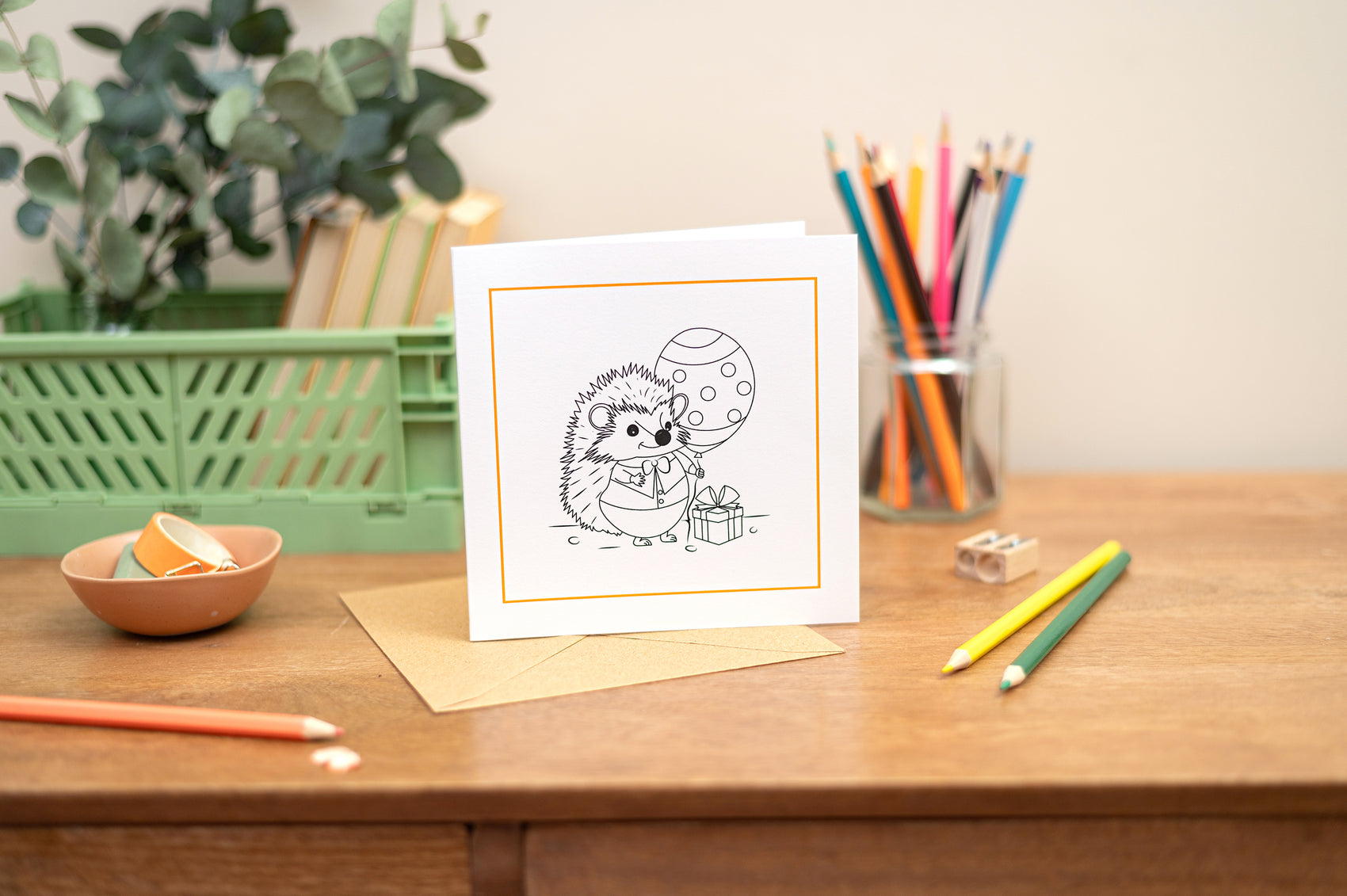  Colouring In Card Cards for children Featuring a Hedgehog holding a party balloon