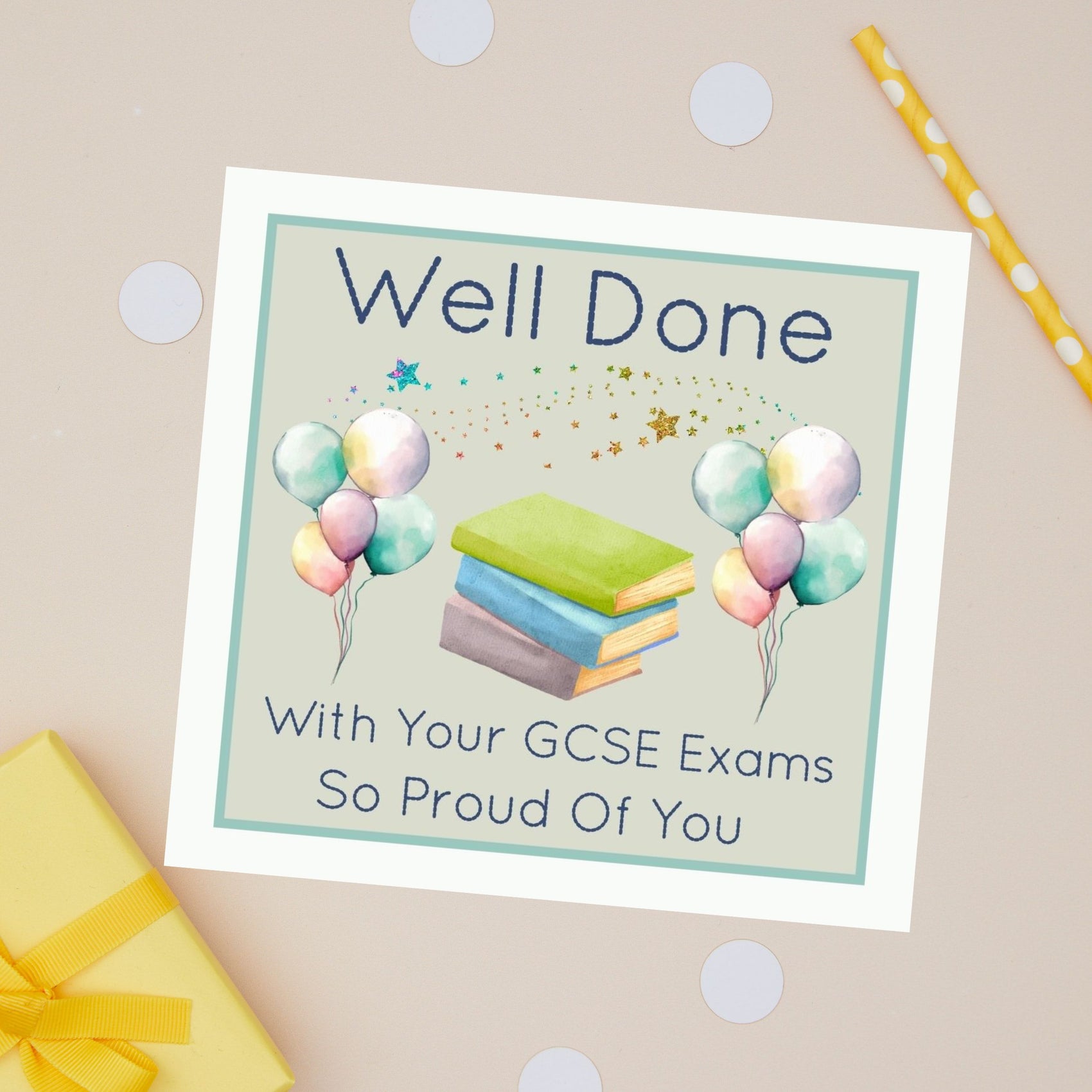 GCSE Well Done Card.Greeting card with 'Well Done with your GCSE's Exams so proud of you" message. The text is surrounded by balloonds and books and starts against a pale green background.