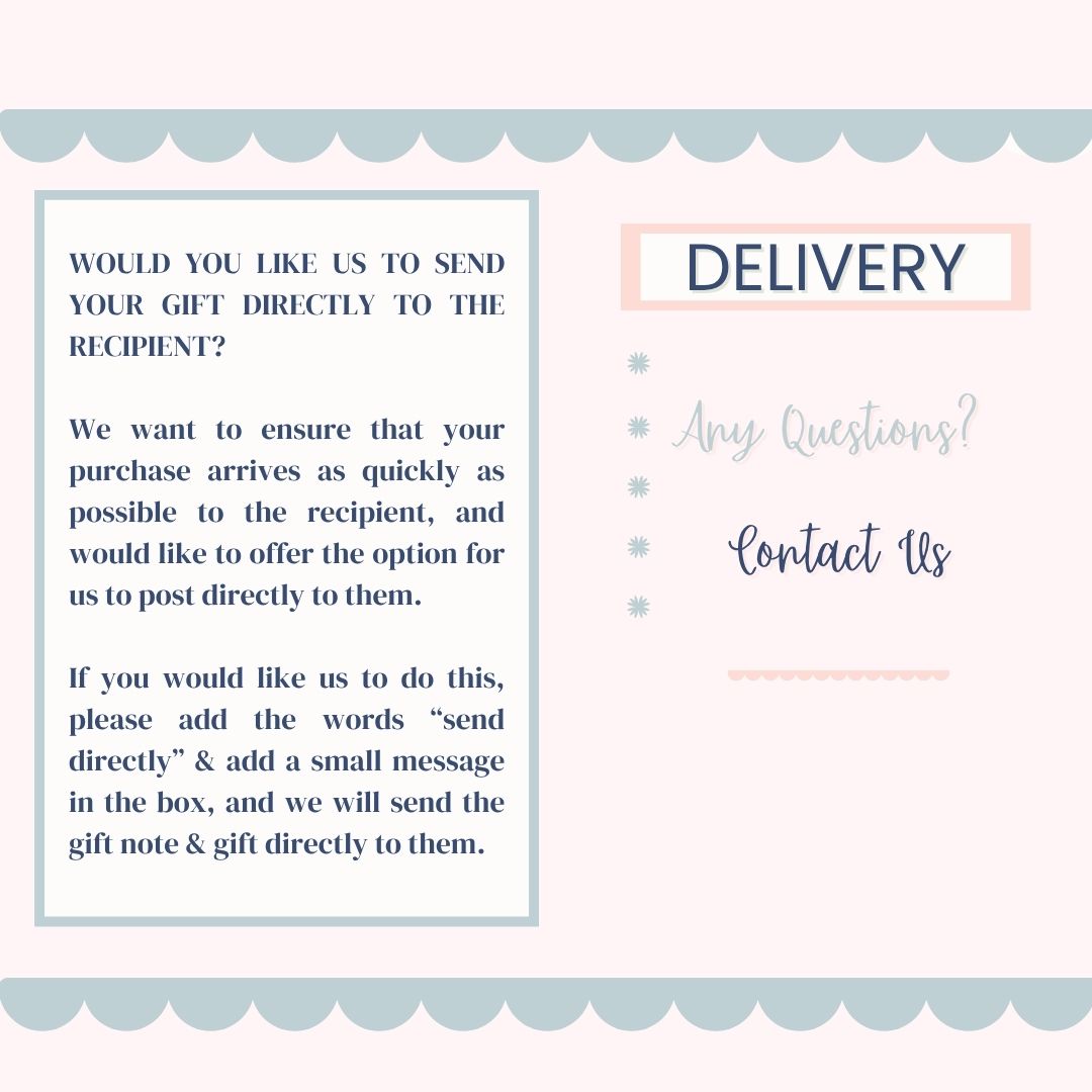 Gift delivery request form with text and contact information on a light blue background