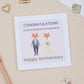A Grandparents Wedding Anniversary Card with a illustration of a Mr & Mrs Fox design, celebrating a happy anniversary, placed on a desk with a pen and paper clips around it.