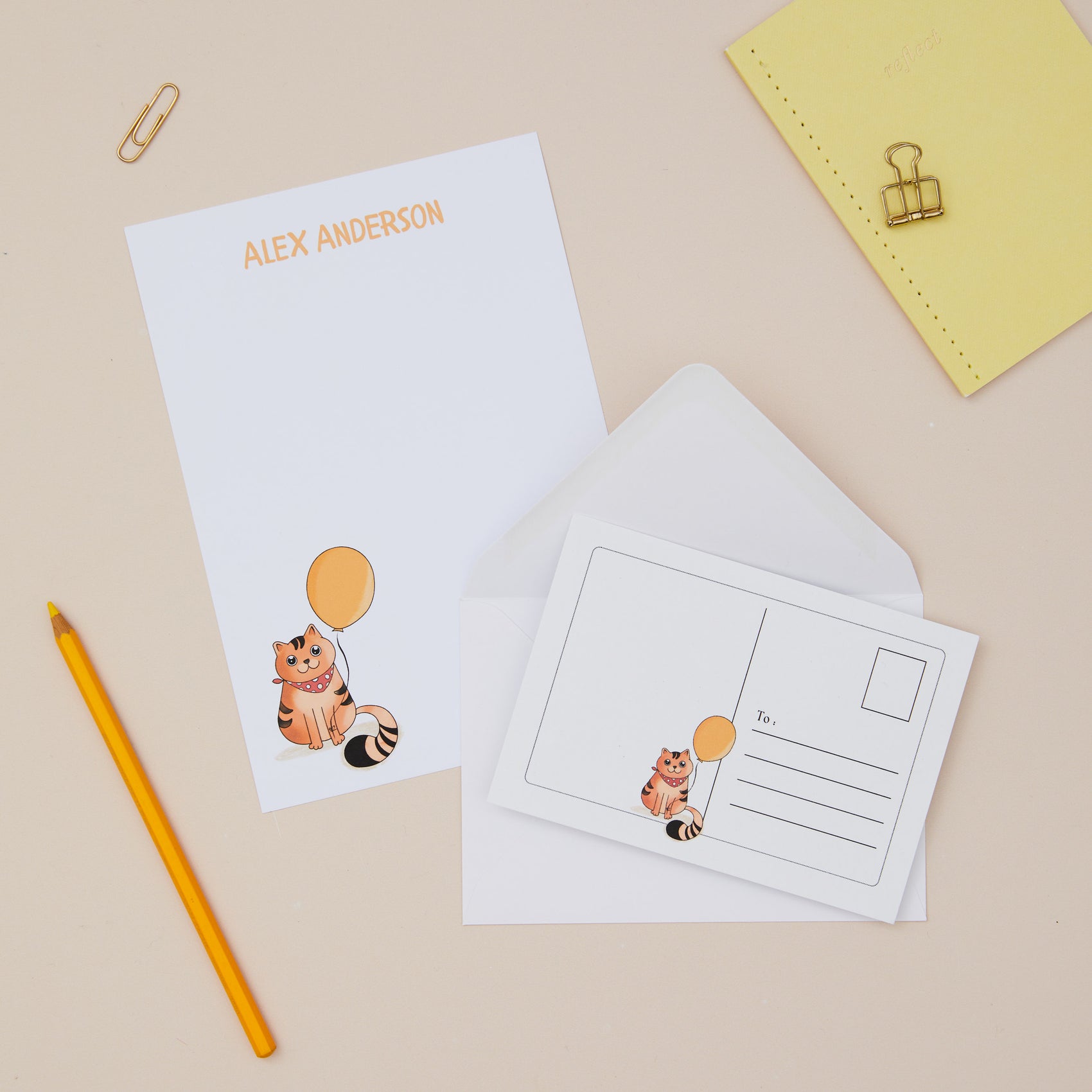Personalised Cats Kids Letter Writing Set with Postcards with a cat illustration and envelope on a beige background