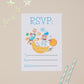 Kids Birthday Party Astronaut invite RSVP. The Text says "RSVP" at the top. In the middle of the invite there is a illustration of an Boy Astronaut on top of a star, with rockets and planets around him. At the bottom of the RSVP are reply details