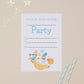 Kids Birthday Party Astronaut invite. The Text says "Please join us for party" The invite also has space to write the party details. At the bottom of the invite there is a illustration of an Boy Astronaut on top of a star, with rockets and planets around him