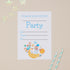 Kids Birthday Party Astronaut invite. The Text says "Please join us for party" The invite also has space to write the party details. At the bottom of the invite there is a illustration of an Boy Astronaut on top of a star, with rockets and planets around him