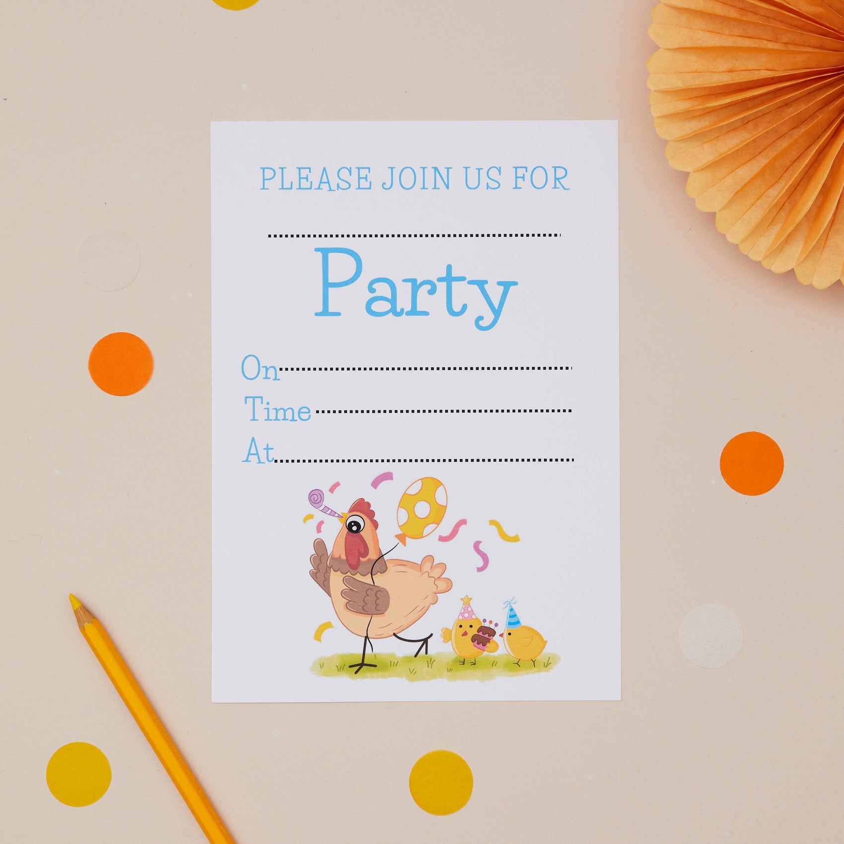 A Kids Party invitation card with a cartoon chicken illustration, titled 'Please join us for Party', placed on a surface with yellow and orange dots, accompanied by a yellow pencil.