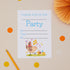 A Kids Party invitation card with a cartoon chicken illustration, titled &