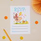 Kids Birthday Party Cartoon Chicks Invitation RSVP featuring the text " RSVP at the top, party chickens in the middle with party hats, birthday cake and balloons. At the bottom of the RSVP are reply details