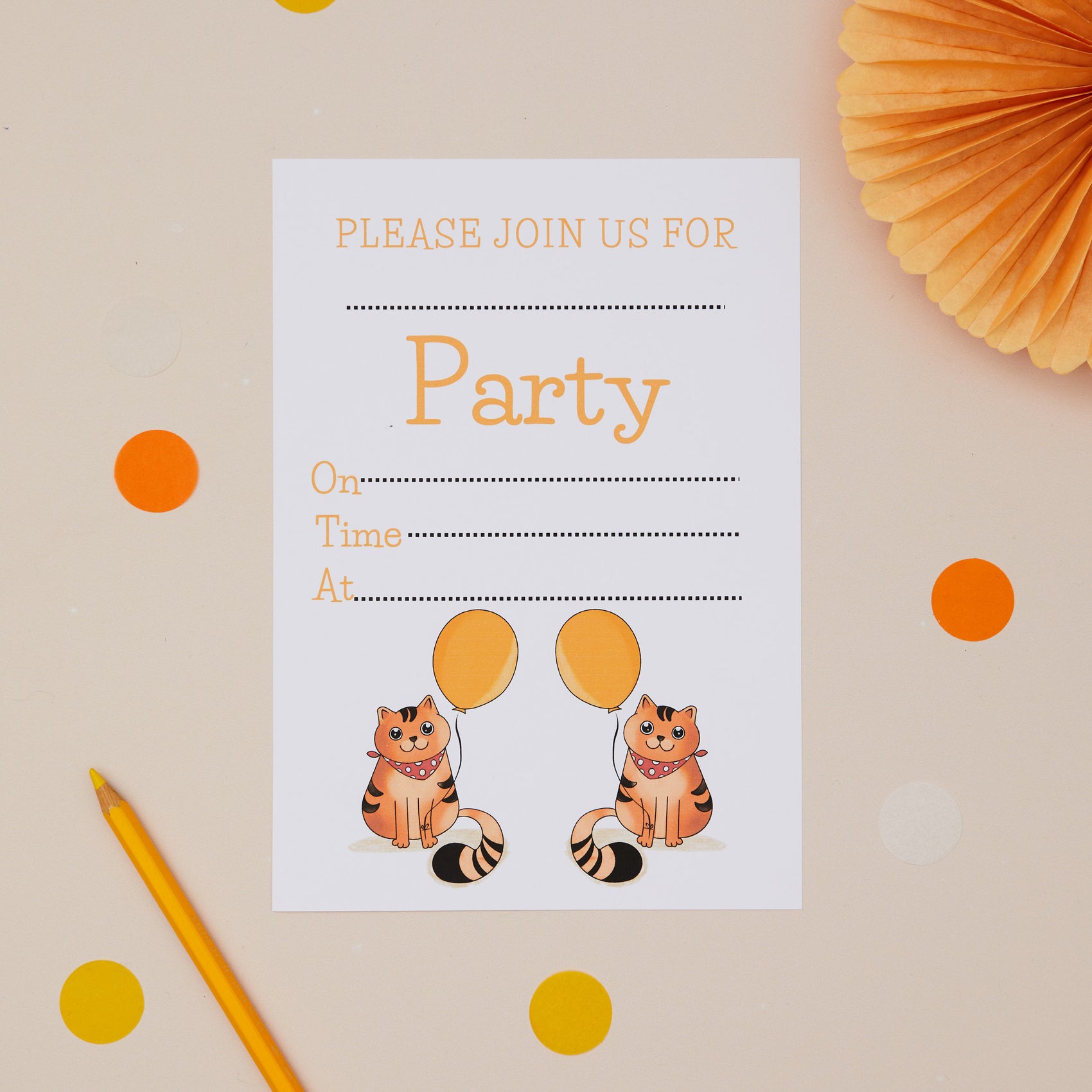 A kids birthdayparty invitation card with a cute cat design, the illustrations feature two cute party cats facing each other holding balloons. The Invite is displayed on a dotted background with a pencil for scale.