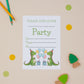 Children's birthday party invitation featuring cartoon-style green dragons holding balloons, set on a neutral background with colorful dots and pencils.