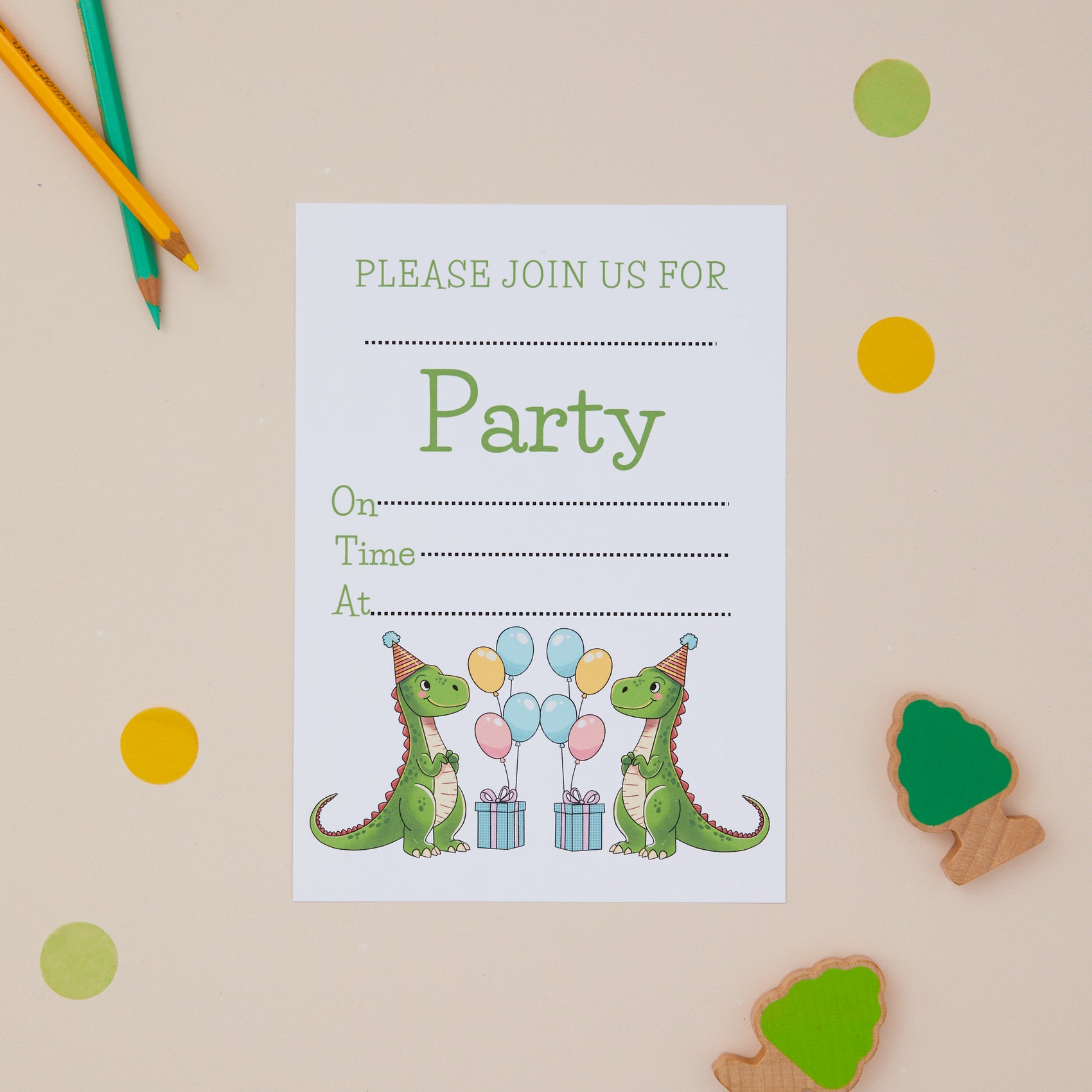 Children's birthday party invitation featuring cartoon-style green dragons holding balloons, set on a neutral background with colorful dots and pencils.