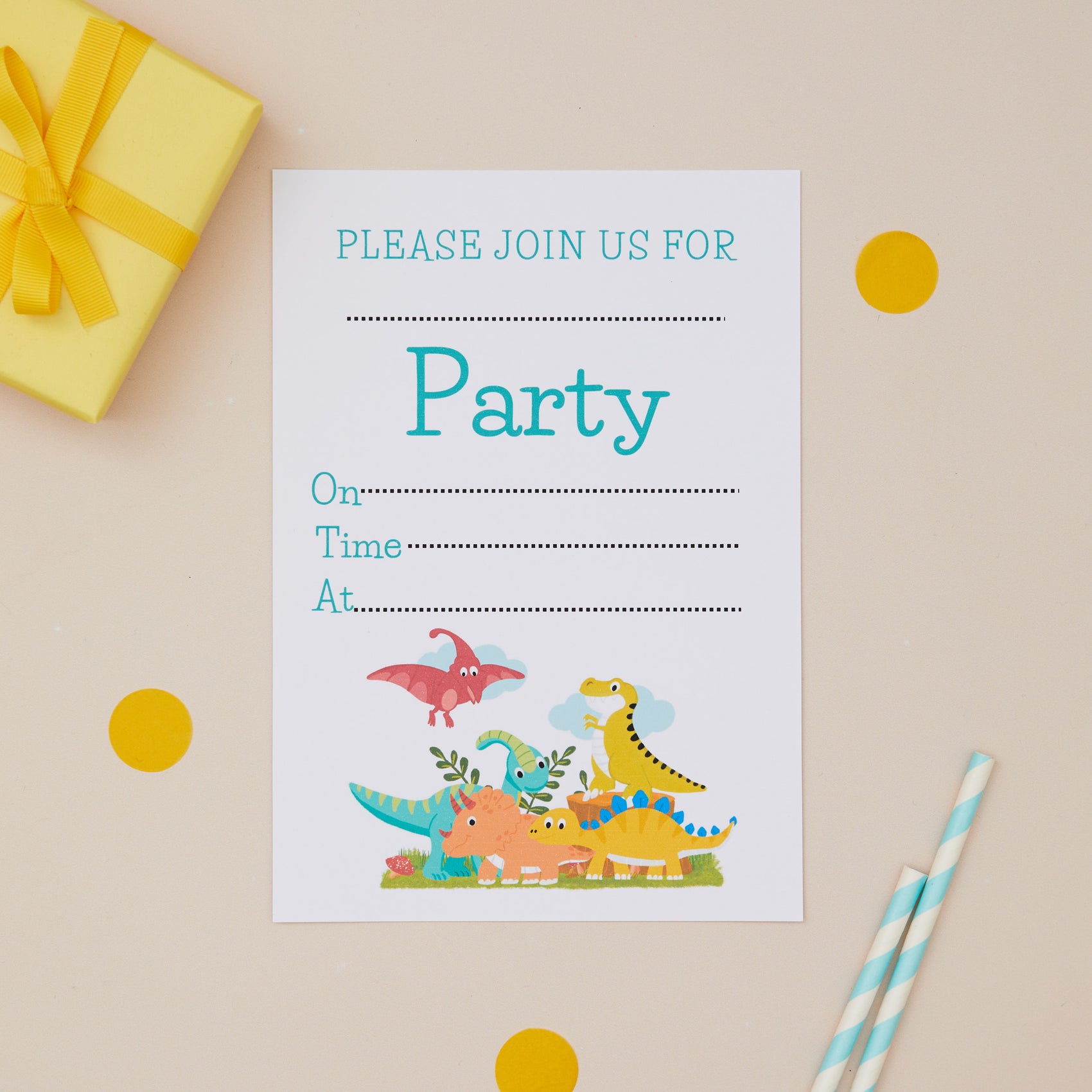 A set of children's party invitations with a dinosaur theme, featuring a colorful illustration of various dinosaurs on a paper with 'Please join us for Party' text and space for additional details.