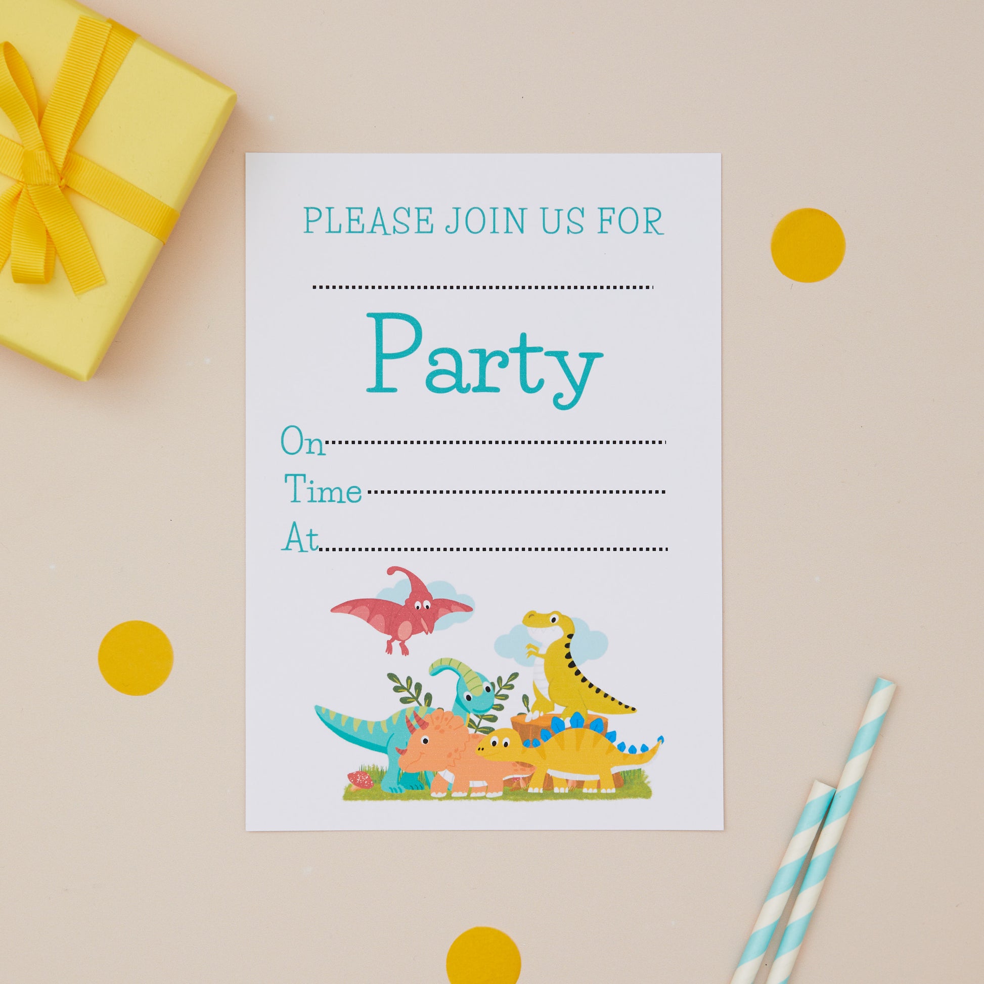 A set of children's party invitations with a dinosaur theme, featuring a colorful illustration of various dinosaurs on a paper with 'Please join us for Party' text and space for additional details.