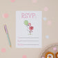 A children's birthday party invitation RSVP featuring two pink flamingos with balloons on it. 