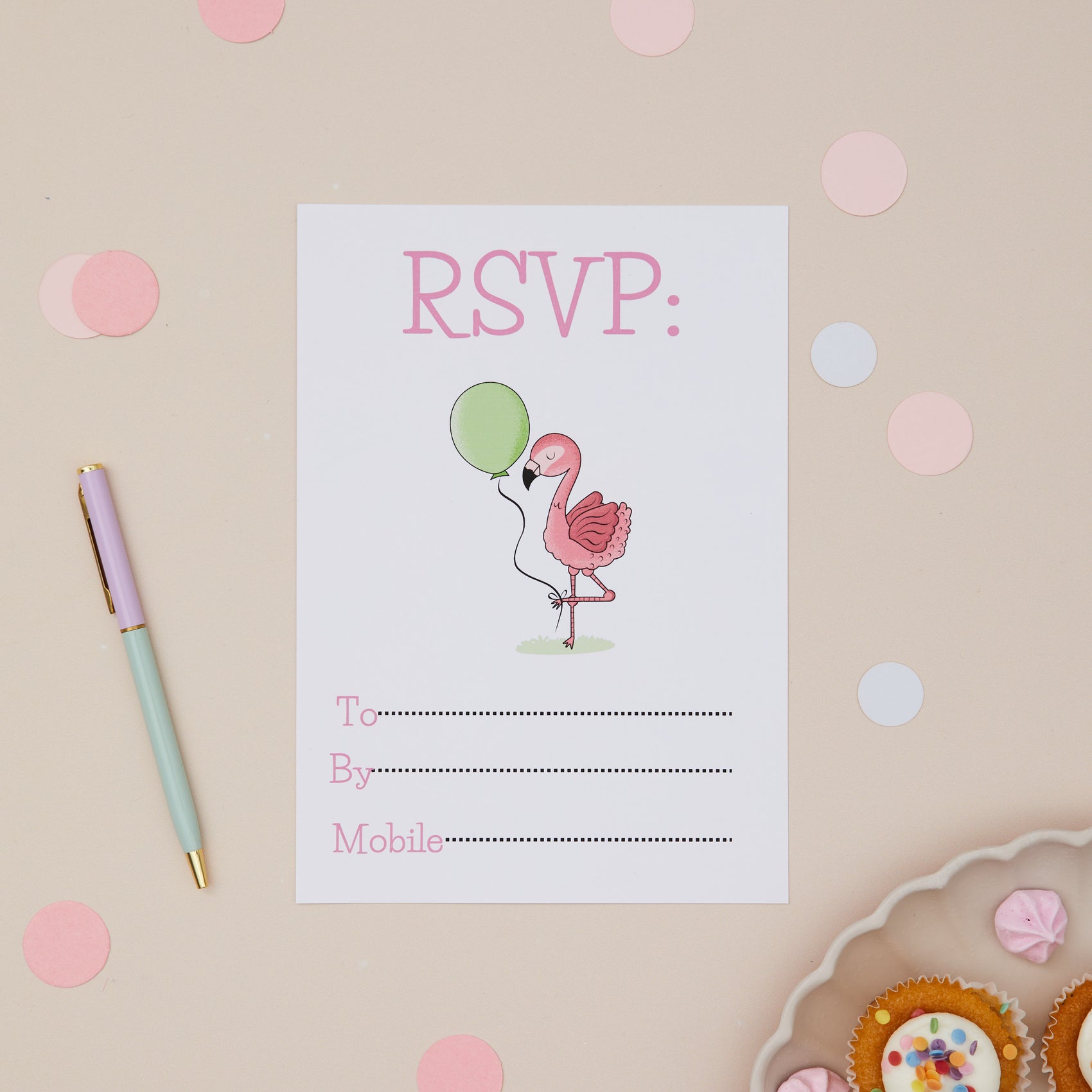 A children's birthday party invitation RSVP featuring two pink flamingos with balloons on it. 
