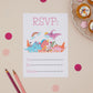 RSVP Dinosaur Kids Birthday party invitation, featuring fun dinosaur characters and the words "RSVP" at the top. The RSVP also has space for the party reply details