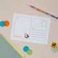 Kids Farmyard Postcard Set. Back of postcard illustration with a cartoon pig at the bottom left, and on the right hand side there is a postcard style address area, to add the recipients name and address
