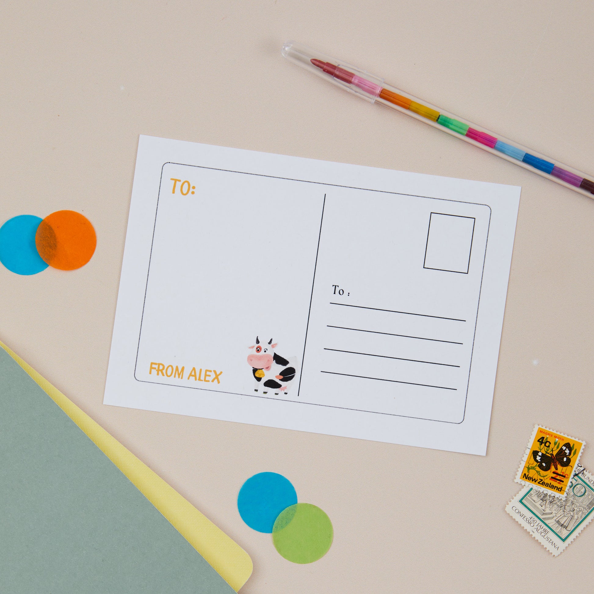 Kids Farmyard Postcard Set. Back of postcard illustration with a cartoon pig at the bottom left, and on the right hand side there is a postcard style address area, to add the recipients name and address
