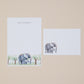 Letter Writing Set featuring an Elephant and their young. Letter Writing Set is personalised with matching envelopes, on a beige background.