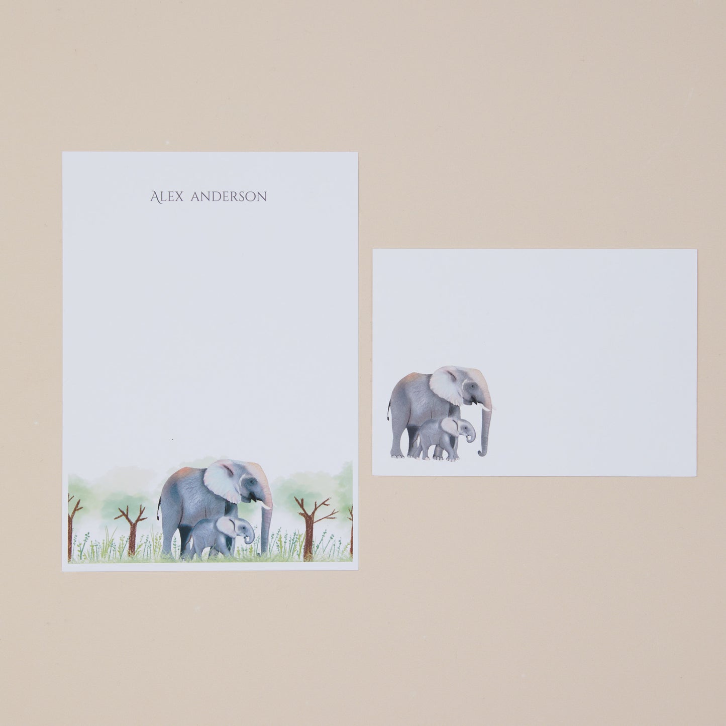 Letter Writing Set featuring an Elephant and their young. Letter Writing Set is personalised with matching envelopes, on a beige background.