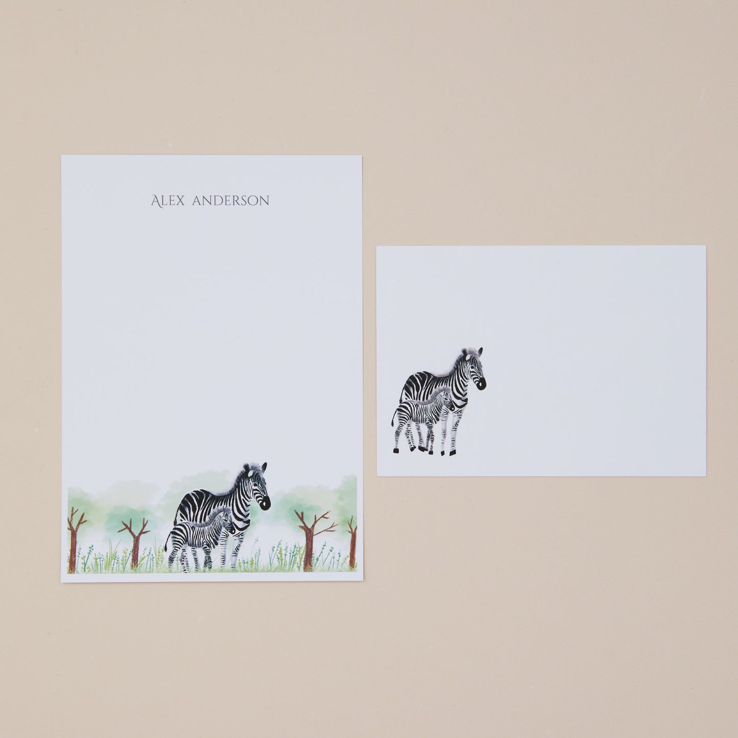 Zebra Writing Set with zebra design and matching envelope on a beige background