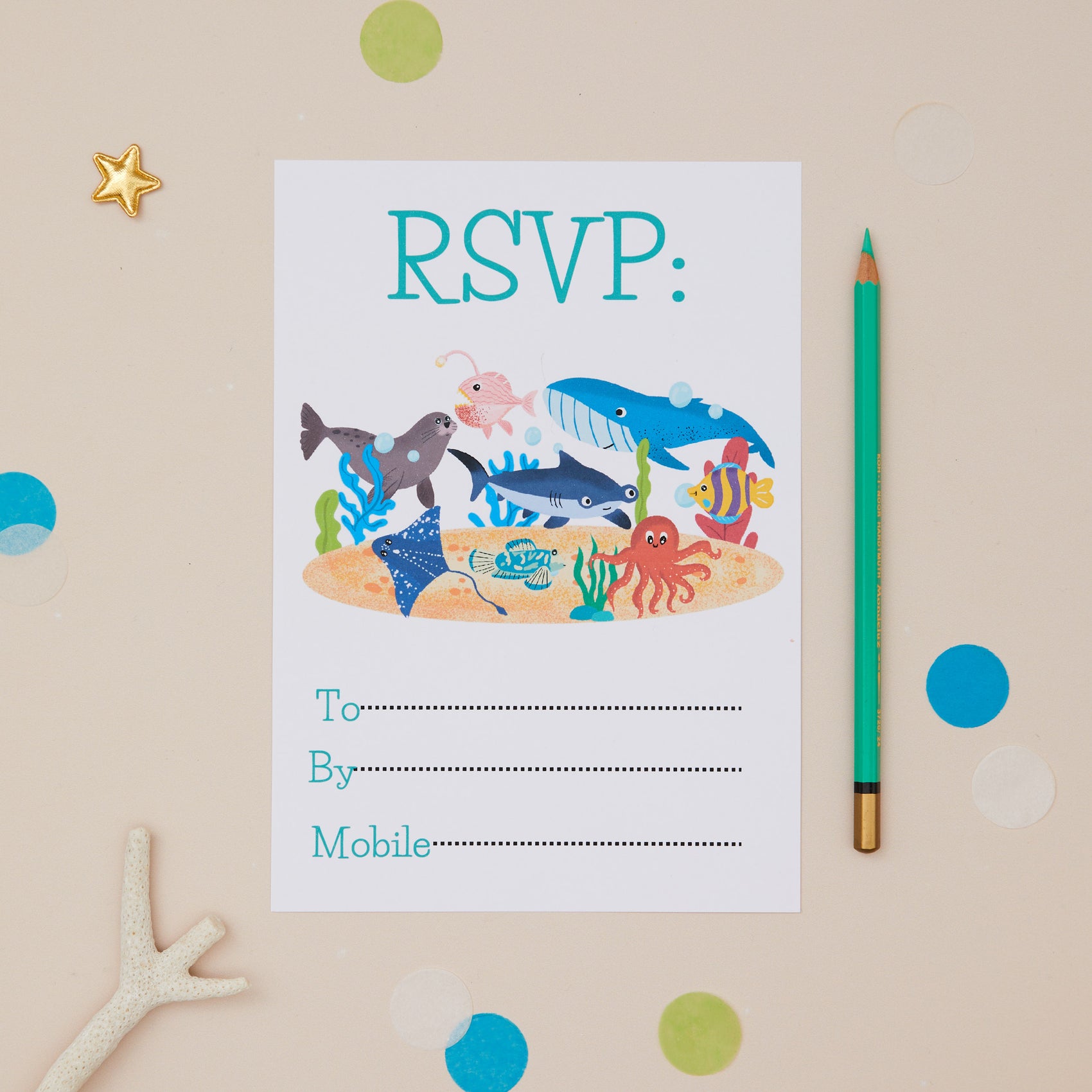 Kids Sealife Birthday Invitations Ready To Write Set Underwater-themed RSVP card with cartoon sea creatures on a beige background.