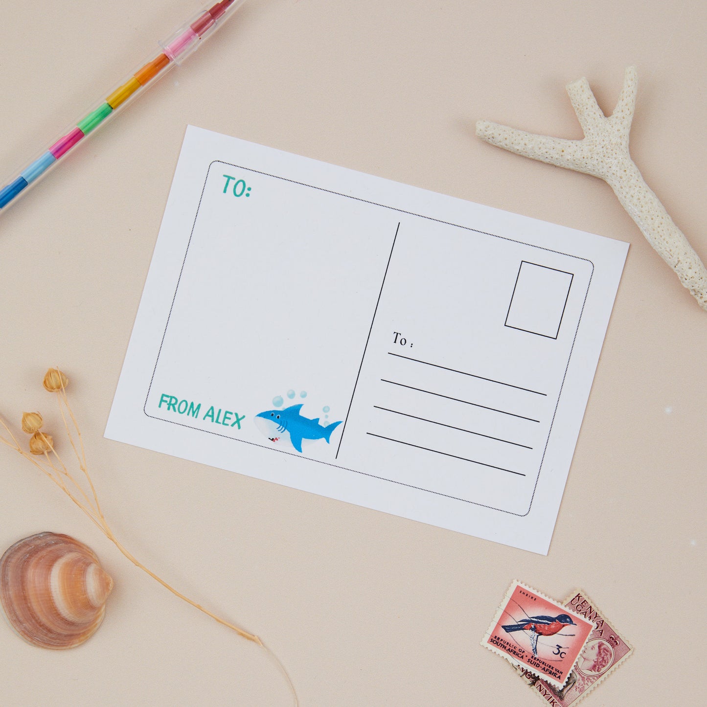 Kids Seaworld back of the Postcard, illustration of a whale on one side, and on the other half of the postcard is the address area for the recipient. The postcards are displayed with sea elements and a colorful pen on a beige background.