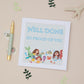 A Kids 'Well Done' greeting card with a mermaid theme, featuring illustrations of mermaids, fish, and aquatic creatures. The card is accompanied by a stationery items and a gold pen, displayed on a neutral background with decorative elements like leaves and a starfish.