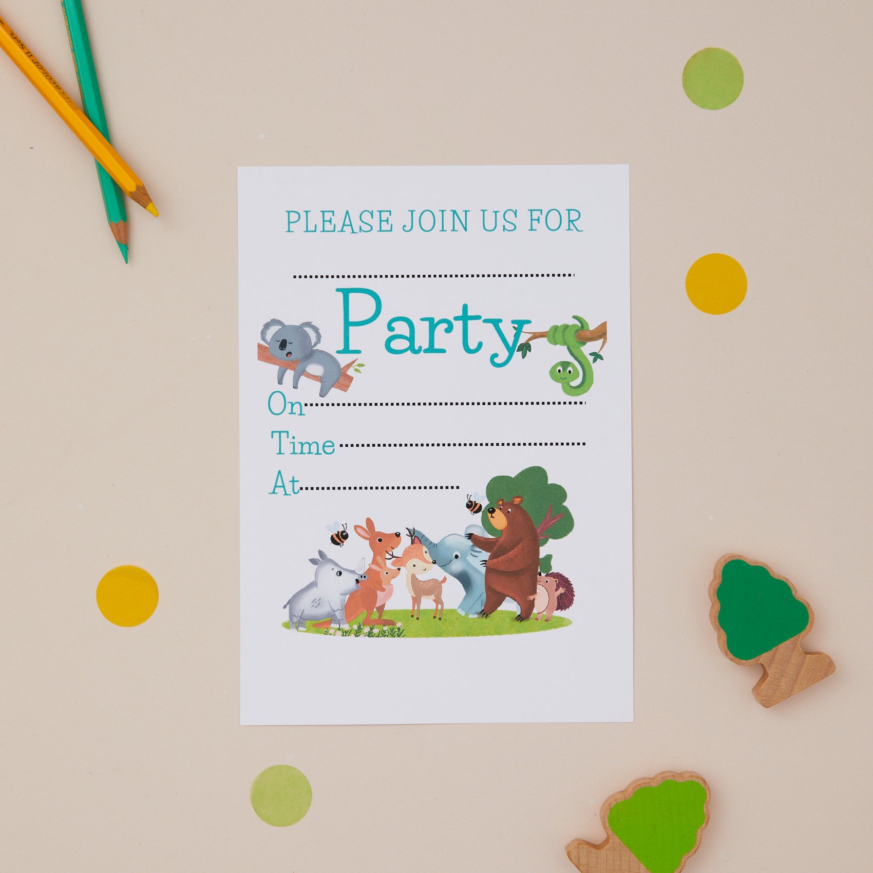 Kids Woodland Birthday Party Invite. Children's party invitation with cartoon woodland animals on a beige background