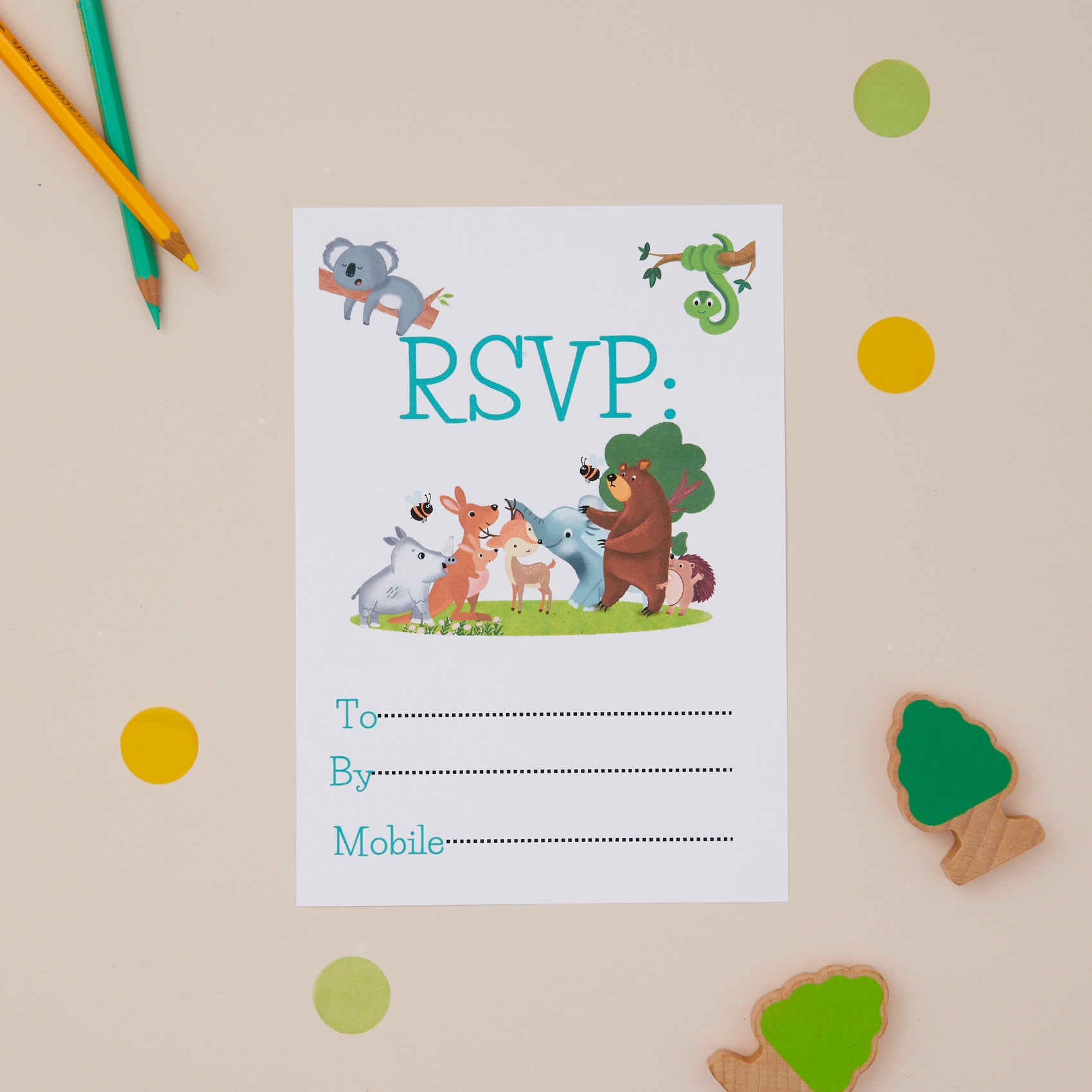 Kids Woodland Birthday Party Invite RSVP card with animal illustrations on a beige background with colored pencils and mini toy trees.