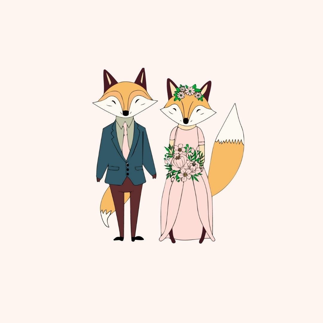 Logo Illustration for Sjstationery of a fox couple in wedding attire on a pink  background
