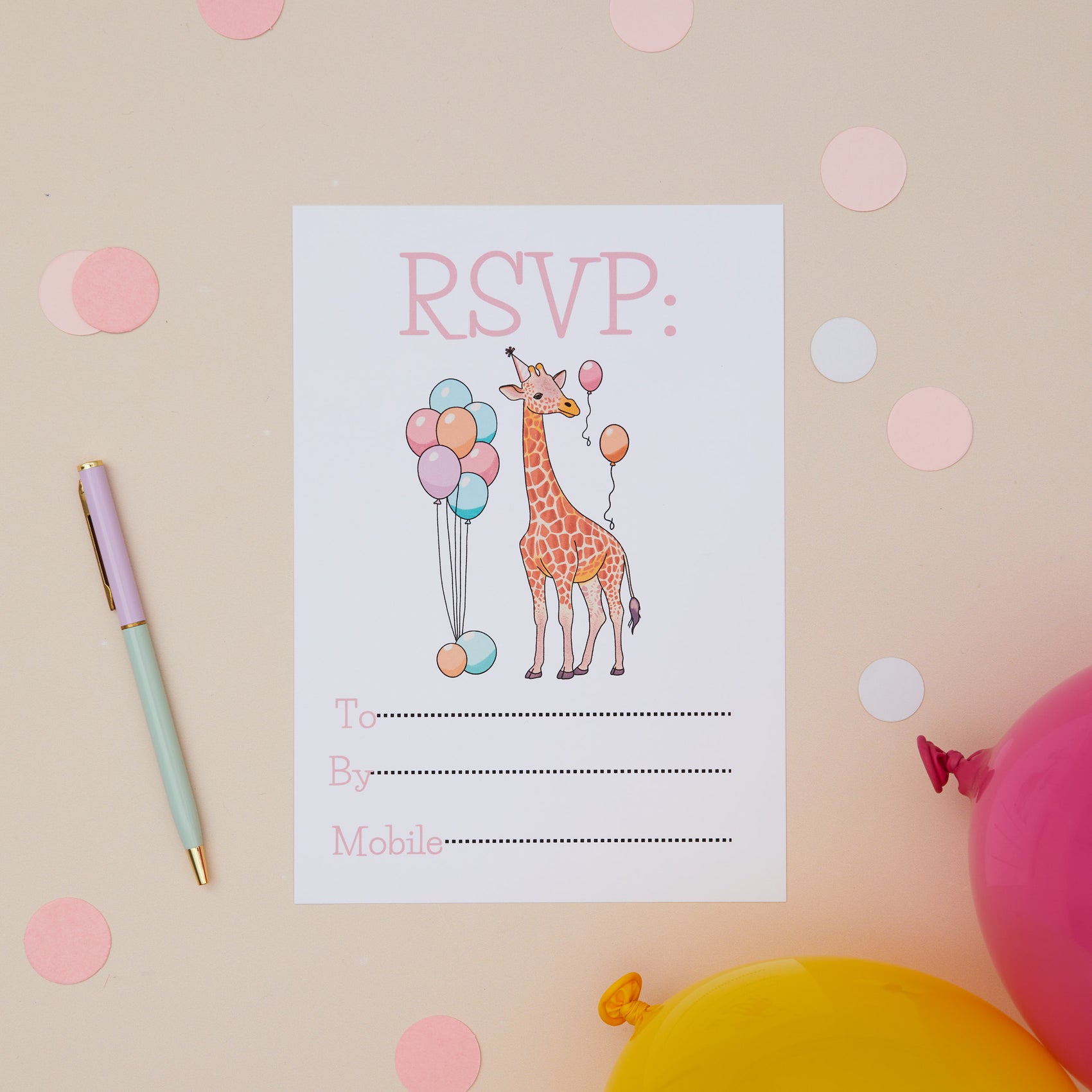 Party Giraffes Childrens ready to write birthday invites RSVP. A Cartoon Giraffe, surrounded by ballons on a beige background. There are blown up balloons in the background as well as confetti and stationery