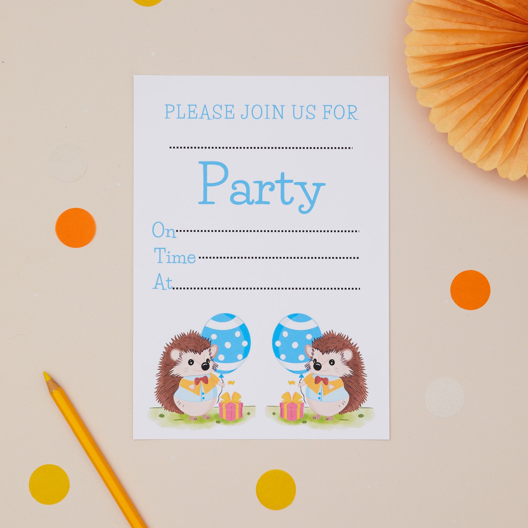Party Hedgehogs Childrens ready to write birthday invites. Hedgehogs holding party balloons. On a light beige background