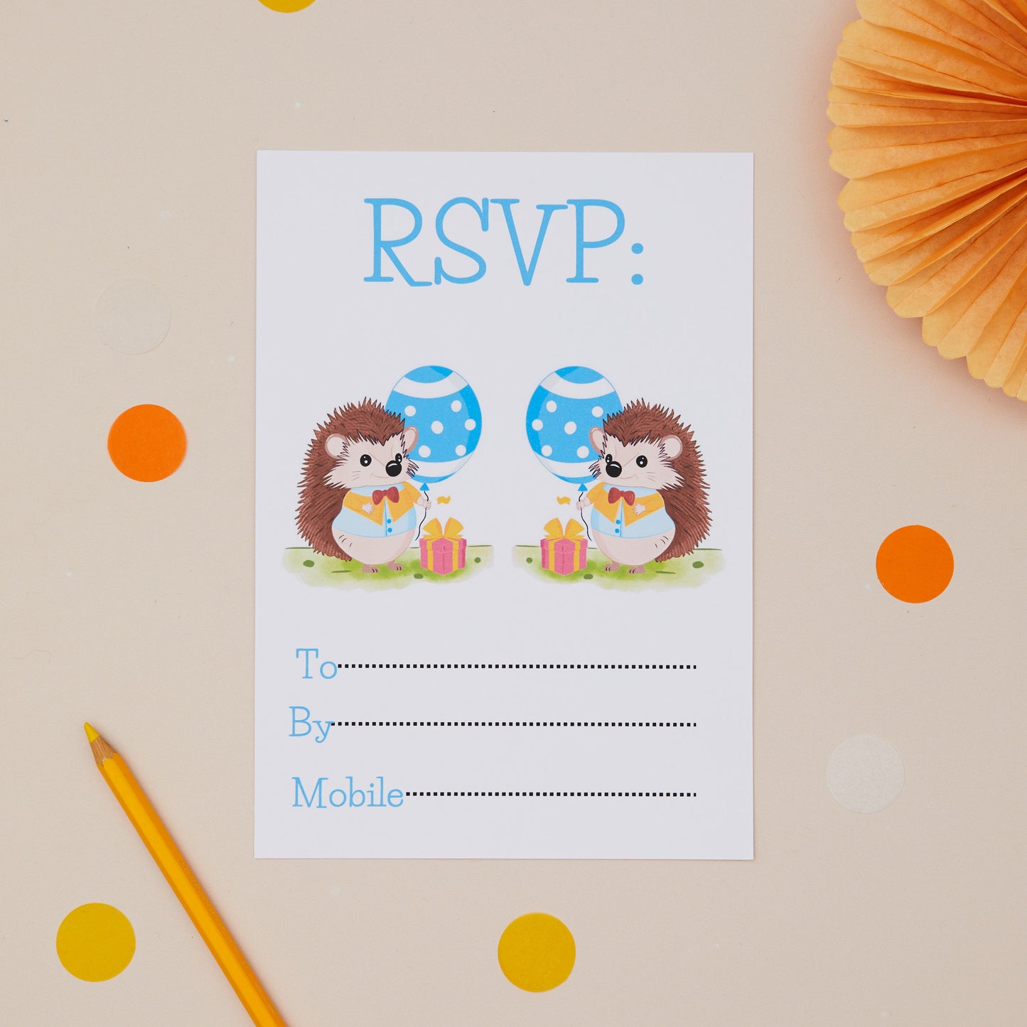 Party Hedgehogs Childrens ready to write birthday invites RSVP. RSVP card with hedgehogs holding balloons and gifts on a beige background