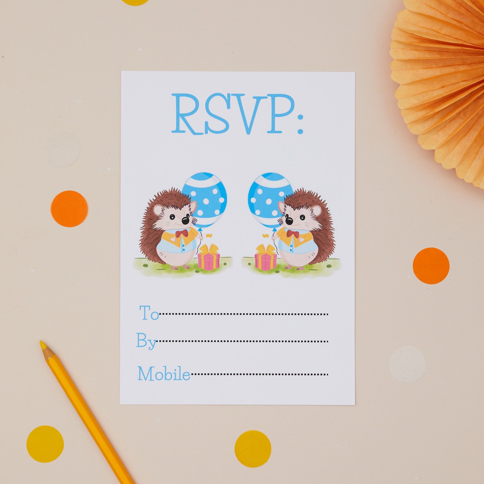 Party Hedgehogs Childrens ready to write birthday invites RSVP. RSVP card with hedgehogs holding balloons and gifts on a beige background