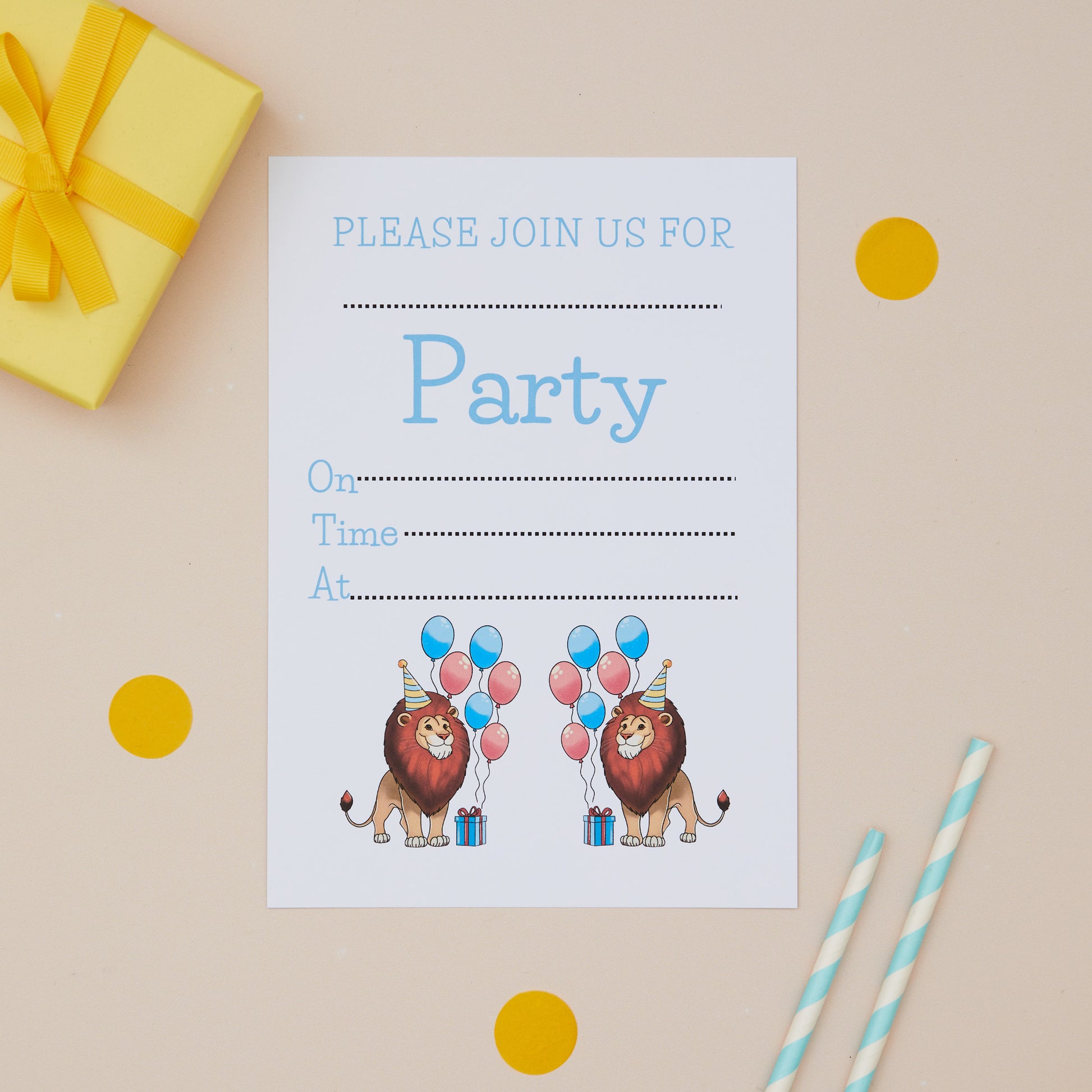 Party Lions Childrens ready to write birthday invites. Party invitation card with cartoon lions and balloons on a beige background with a gift and straws.